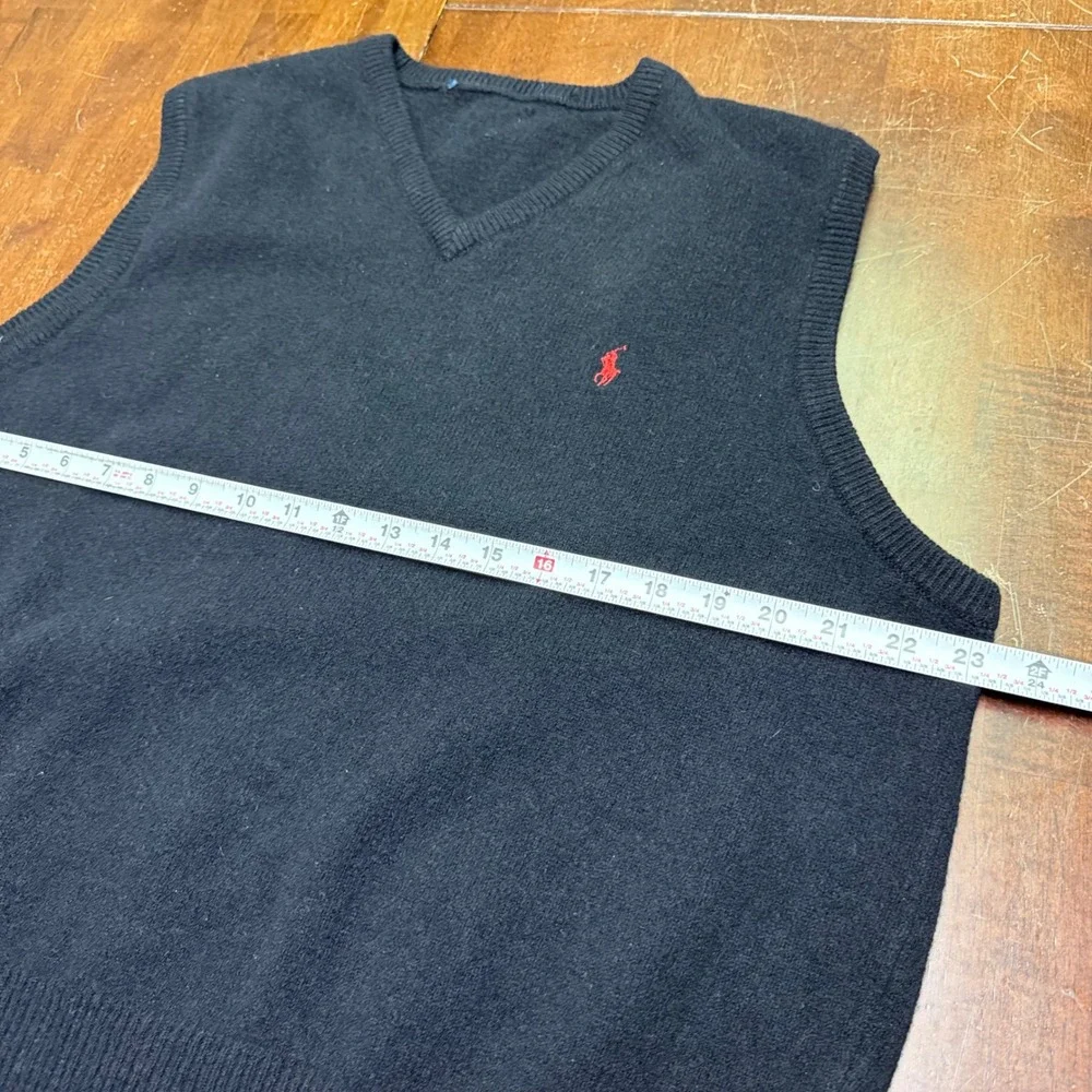 Polo Ralph Lauren 100% Wool Sweater Vest Mens Medium Black Red Pony V-Neck Knit